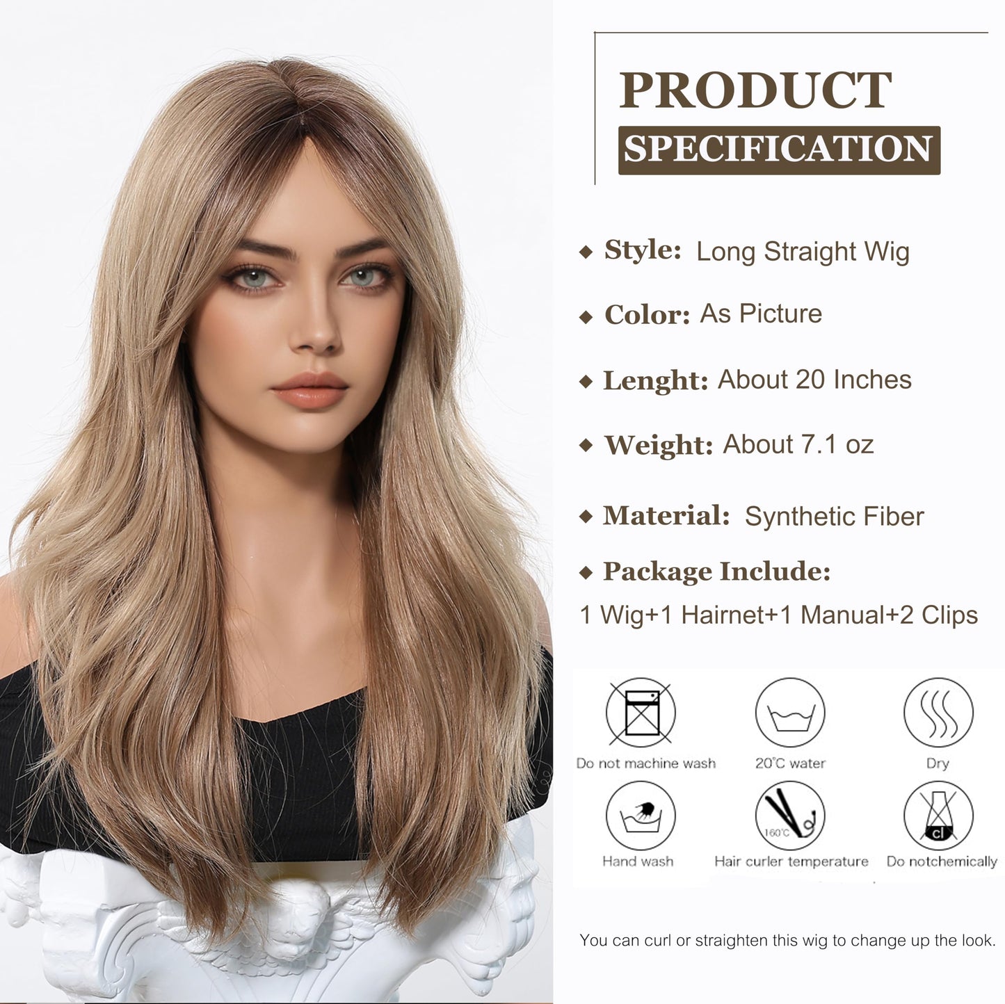 Straight Ombre Blonde Wig with Curtain Bangs Synthetic Hair – Daily Use Party