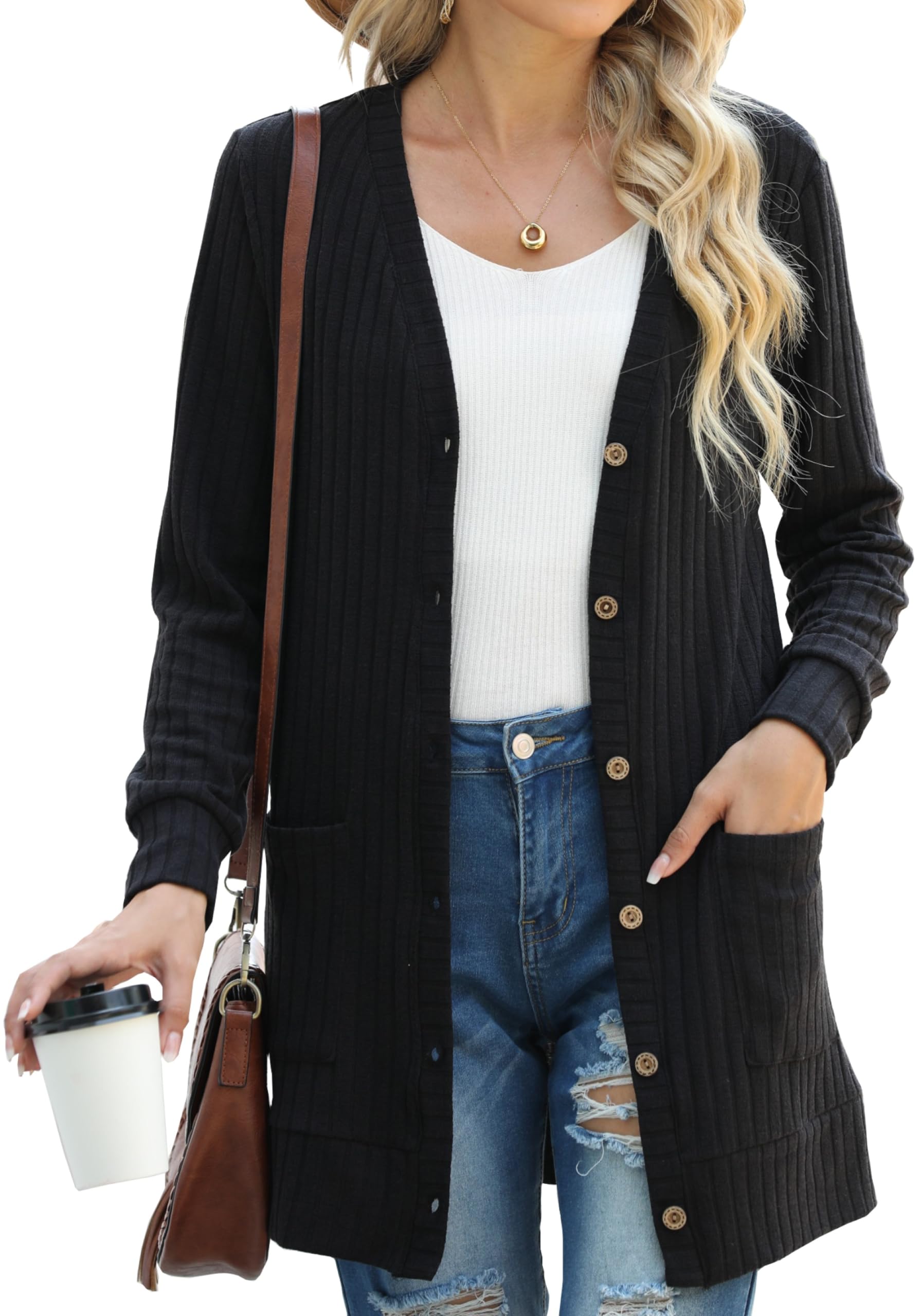 Women's Cardigan with Pockets Long Sleeve Open Front Knitted Sweater – Black XL