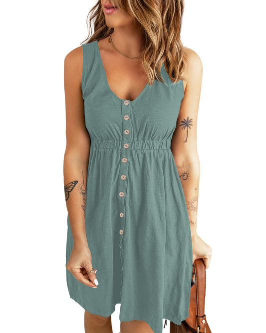 AUSELILY Summer Dress Women Casual Button Down Mini Dress Cute V Neck Beach Dress with Pockets Mint Green XL