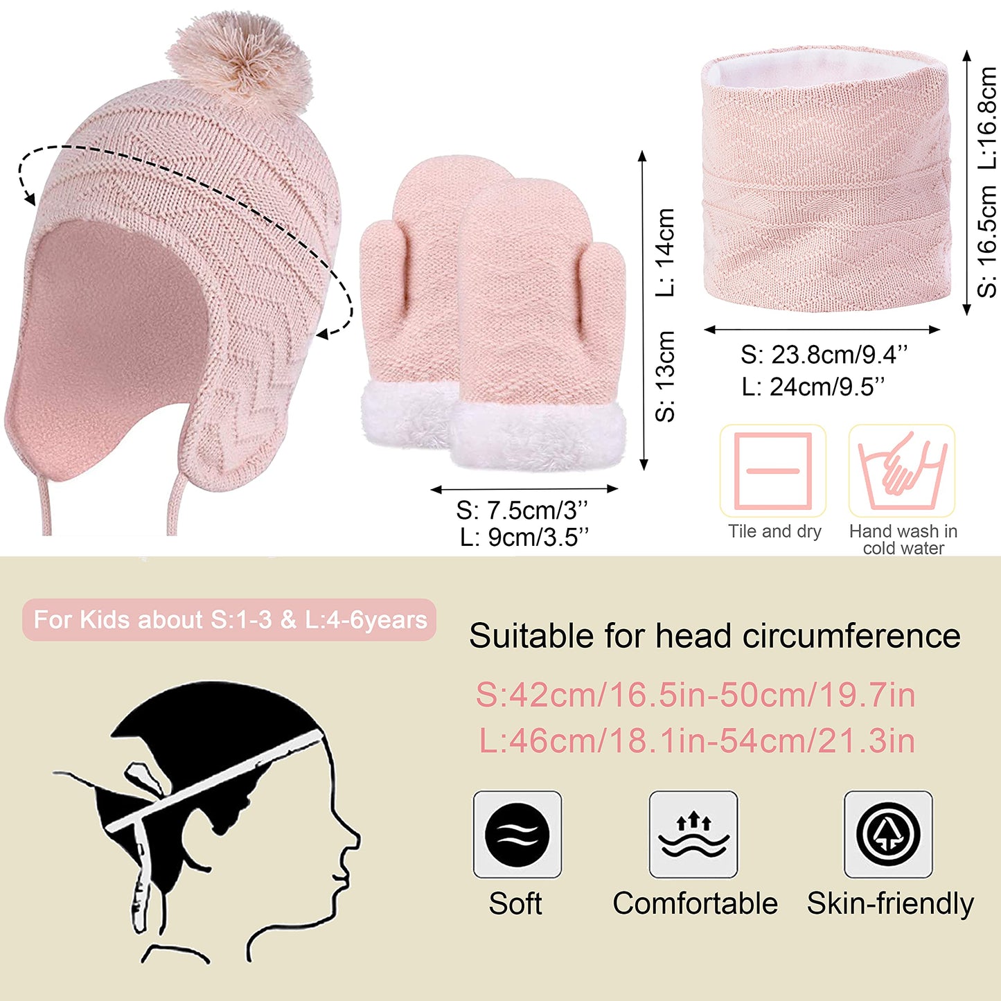 Kids Hat Scarf & Gloves Set Knitted Lined Pom-Pom Snood – Pink S