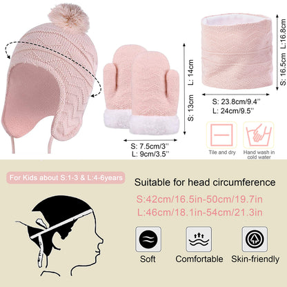 Kids Hat Scarf & Gloves Set Knitted Lined Pom-Pom Snood – Pink S