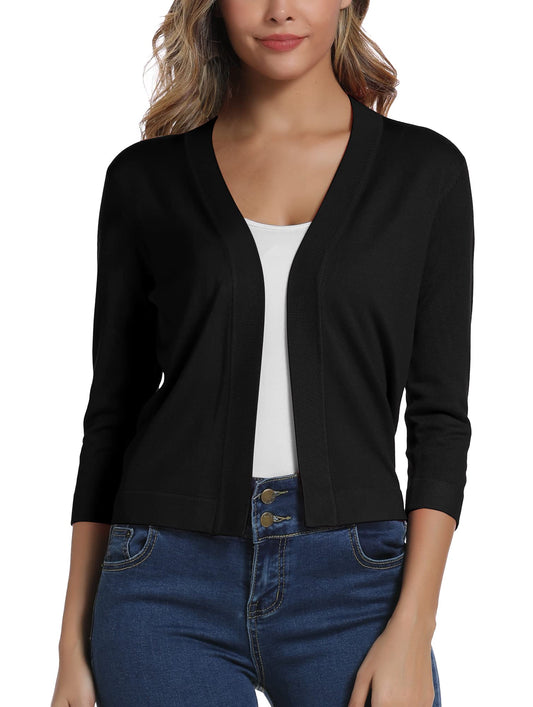 Women's 3/4 Sleeve Open Front Bolero Cardigan Shrug Solid Cardigan Top (L, Black)