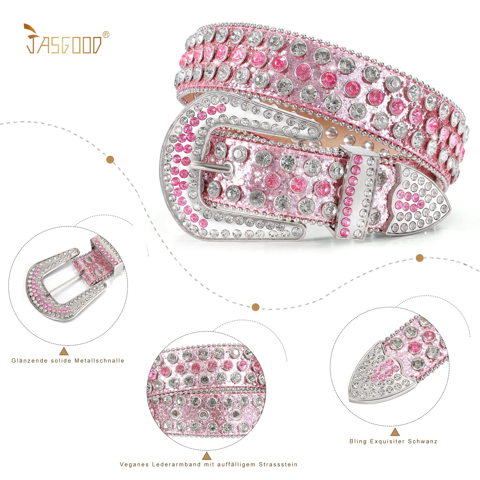 JasGood Women's Leather Belt with Rhinestones, Western Cowgirl Cowboy Bling Studded Leather Belt for Jeans Pants