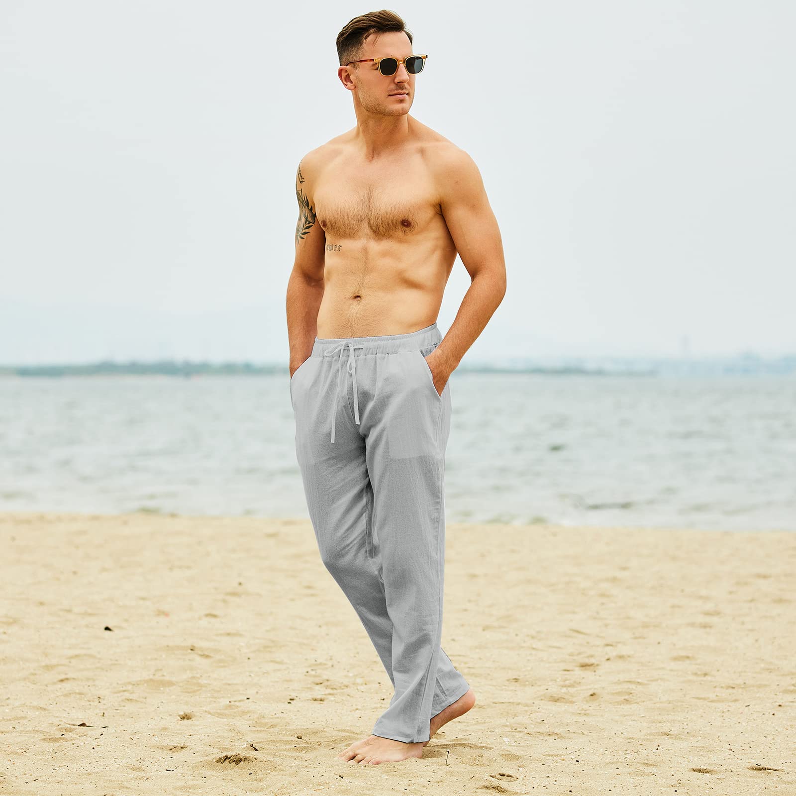 Men's Linen Drawstring Trousers Casual Loose Lightweight