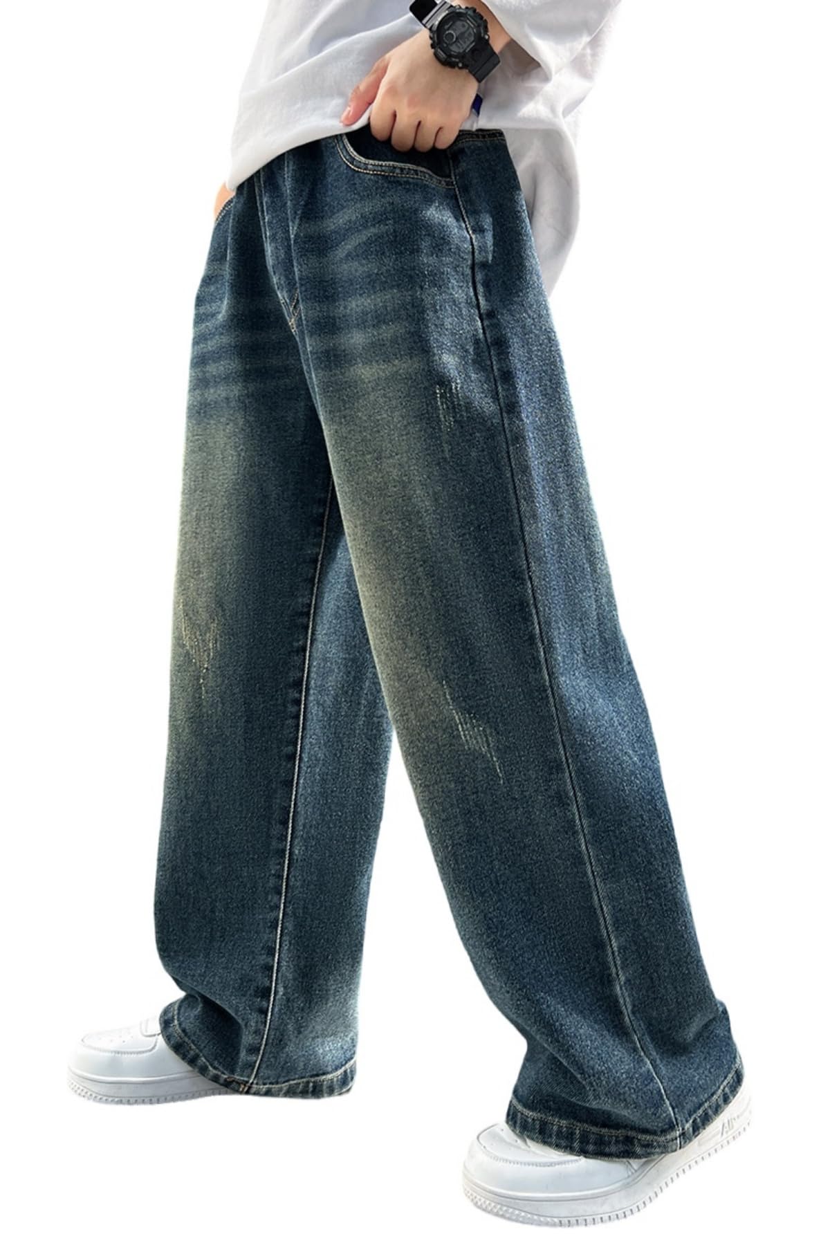 Boys Baggy Cargo Jeans Elastic Waist Multi-Pocket Denim – Blue 160 (11-12Y)