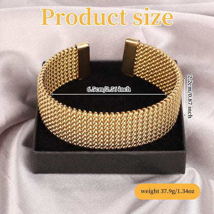 Wide Woven Open Gold Bangle Stainless Steel Mesh Stackable Cuff – Gold