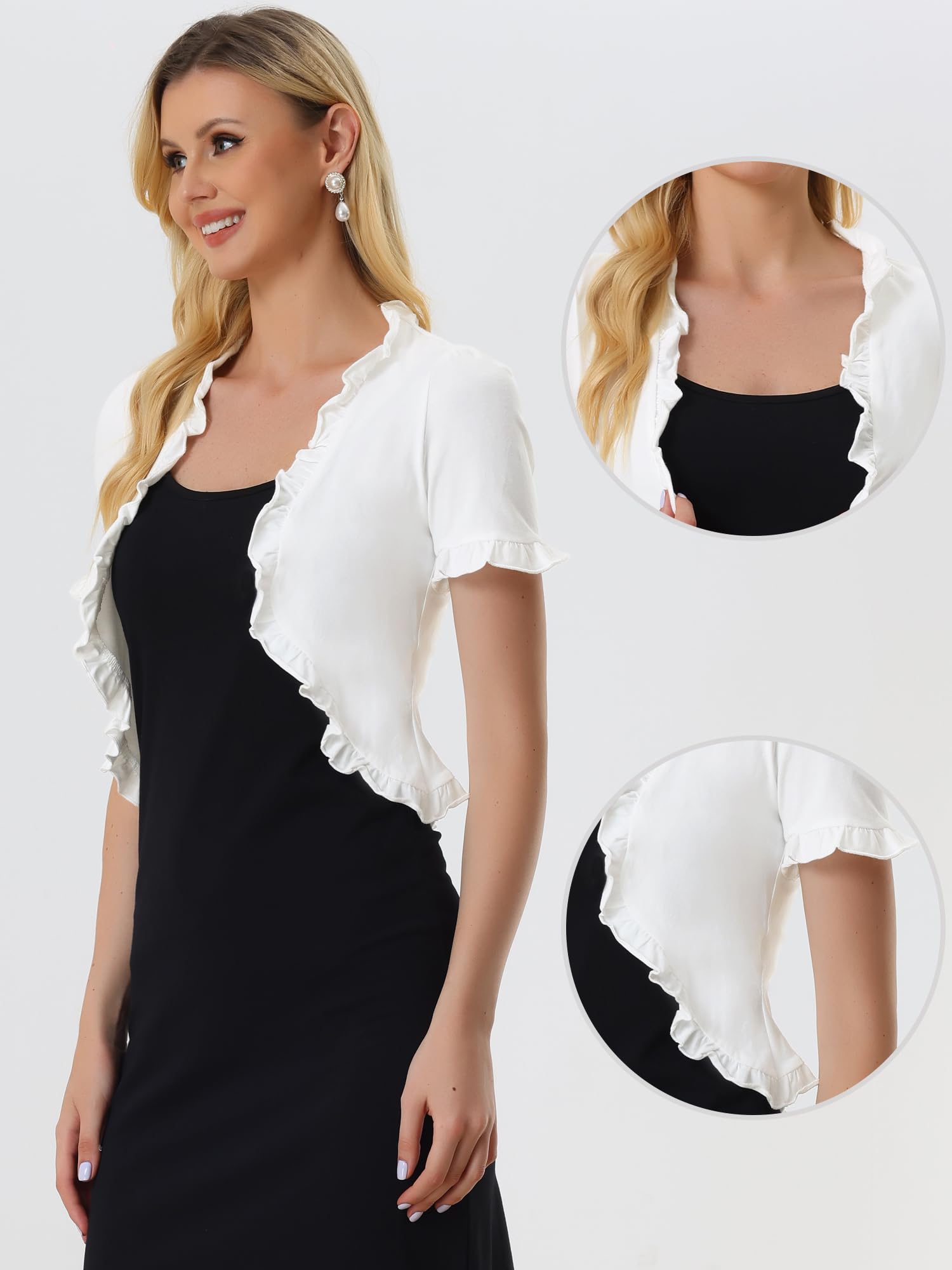 Women’s Cropped Bolero Shrug Puff Sleeve Ruffle – Black XS
