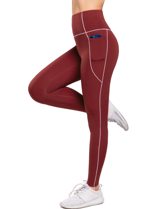Sport Leggings Women High-Waist Pocket Colour-Block Opaque – Coral Red M