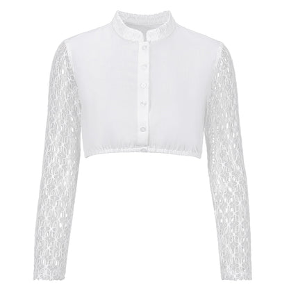 Dirndl Blouse Women's High-Neck Long-Sleeved Lace Cotton – White Beige Size 36