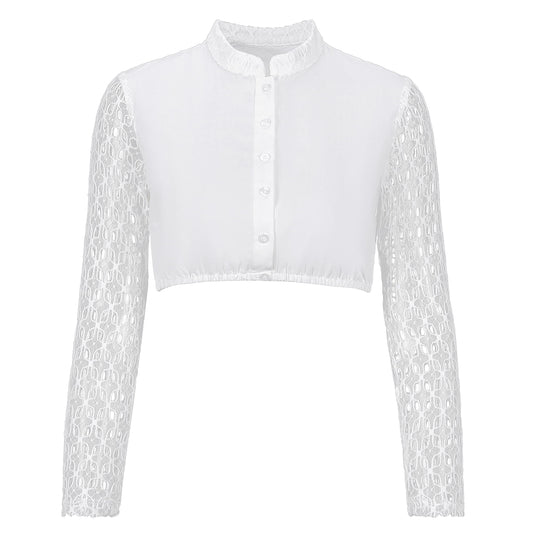 Dirndl Blouse Women's High-Neck Long-Sleeved Lace Cotton – White Beige Size 36