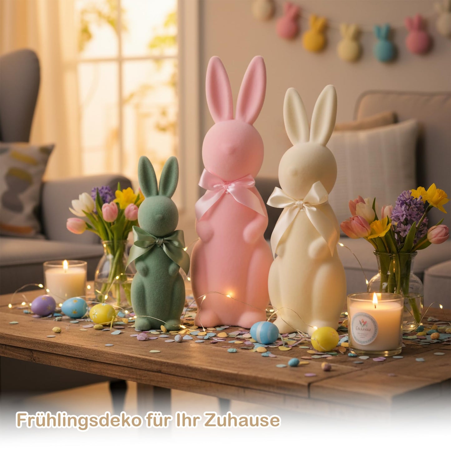 Fluffy Easter Bunny Figurines 3-Piece Set with Eggs Spring Decoration - Pink/Yellow/Orange