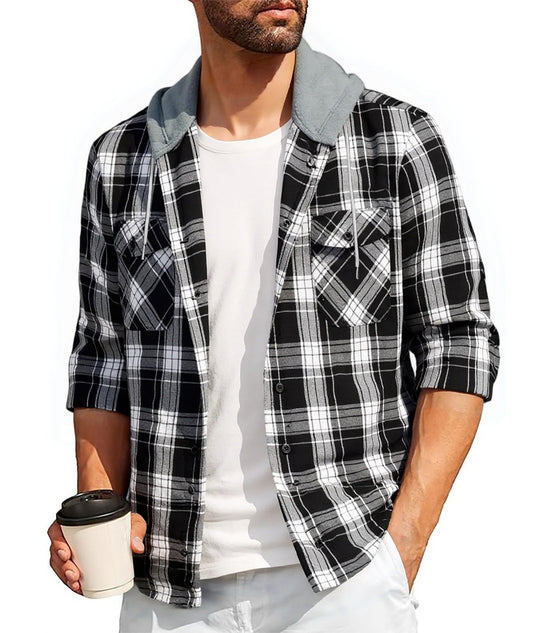 Men's Plaid Flannel Hooded Shirt Long Sleeve Lumberjack Outdoor Casual – Charcoal XXL