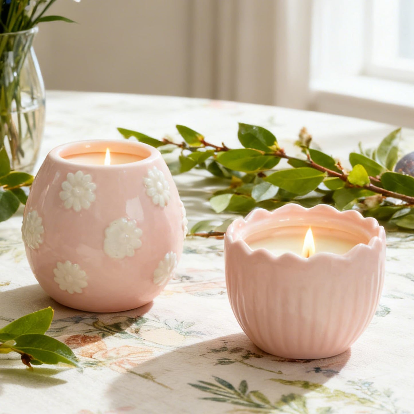 Broken Egg Ceramic Scented Soy Candle Set of 2 Gold-Plated Bases – Pastel Green & Pink