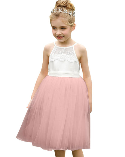 Aibaowedding Lace Back Flower Girl Dress Kids Summer Wedding Party Dress – Pink 6-7Y