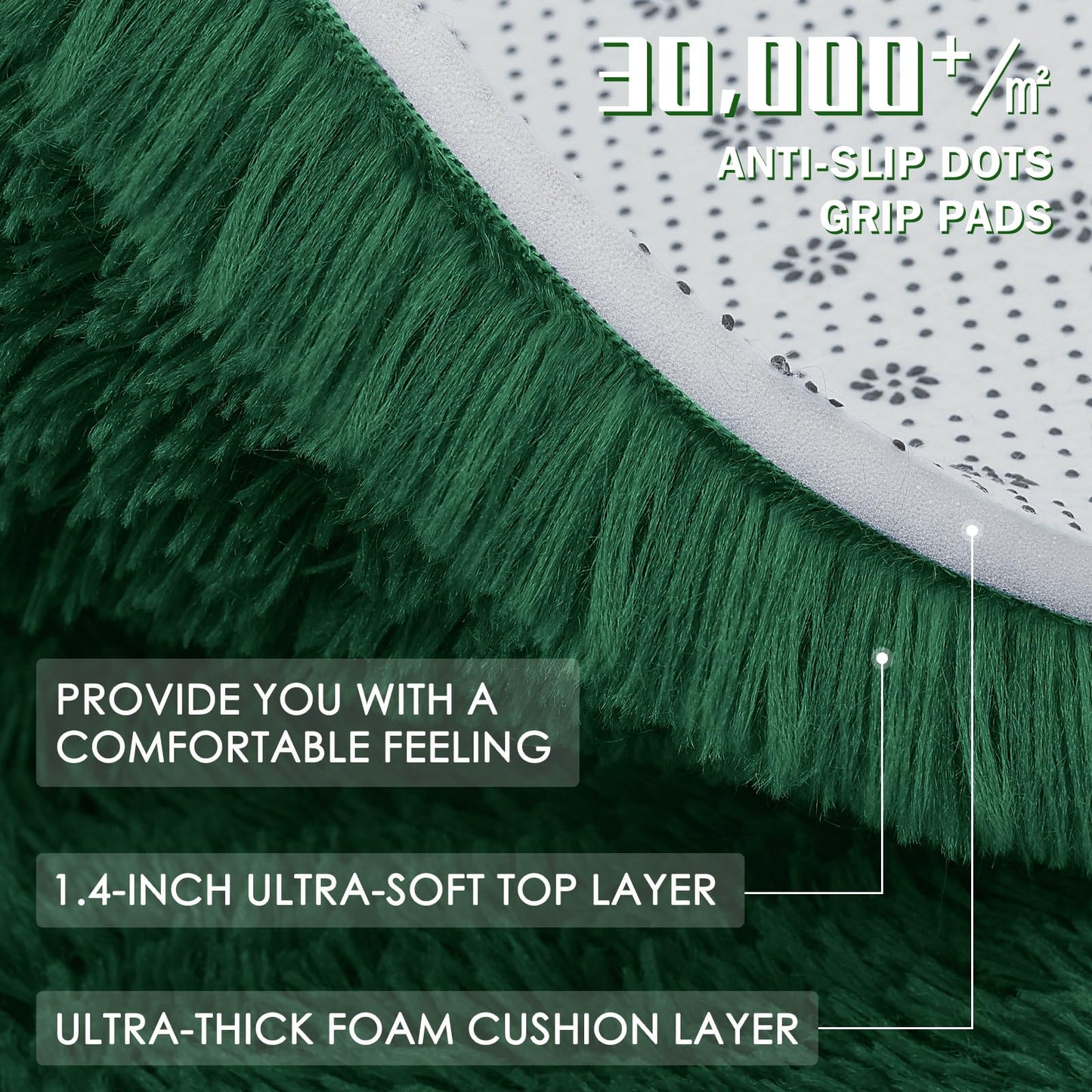 High Pile Fluffy Rug Round Washable Anti-Slip Backing – Dark Green 160cm