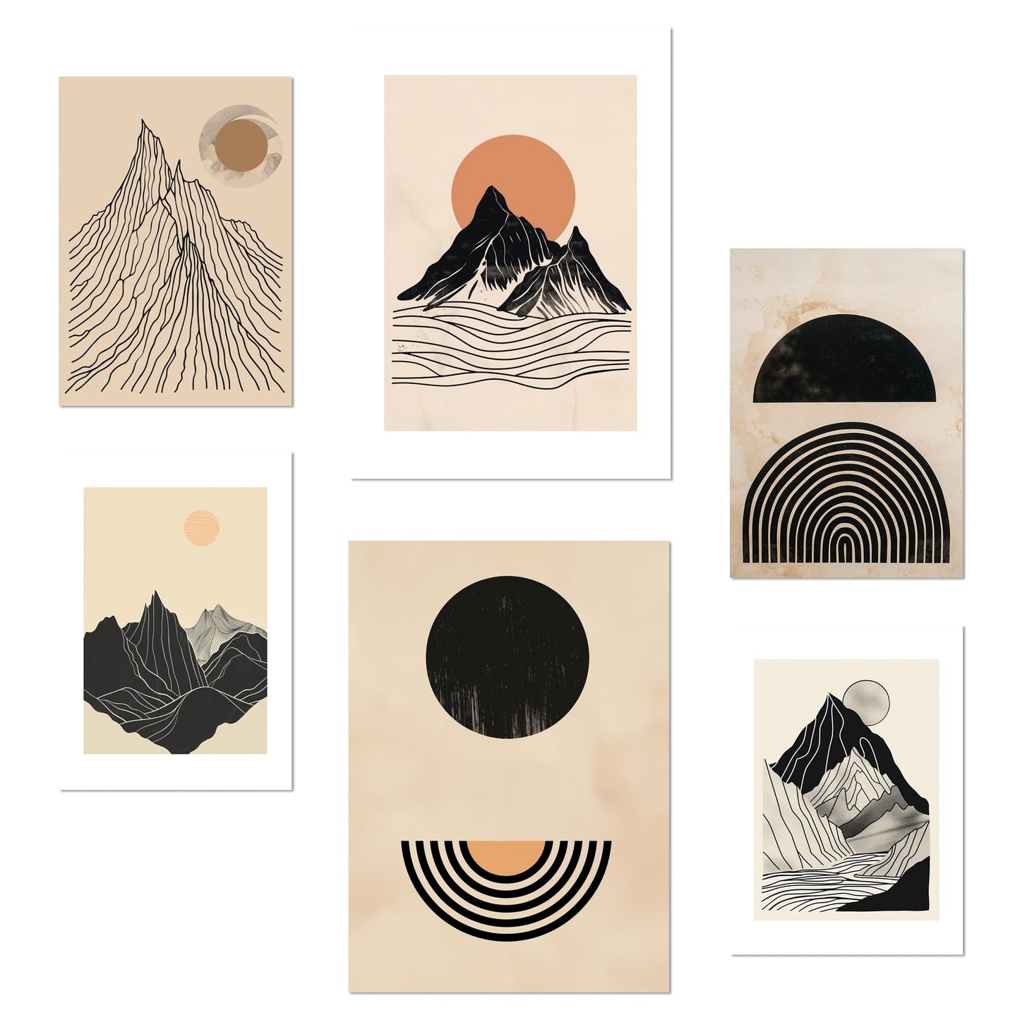 Set of 6 Geometric Mountain Posters A3 & A4 Frameless – Vintage Earth Tones