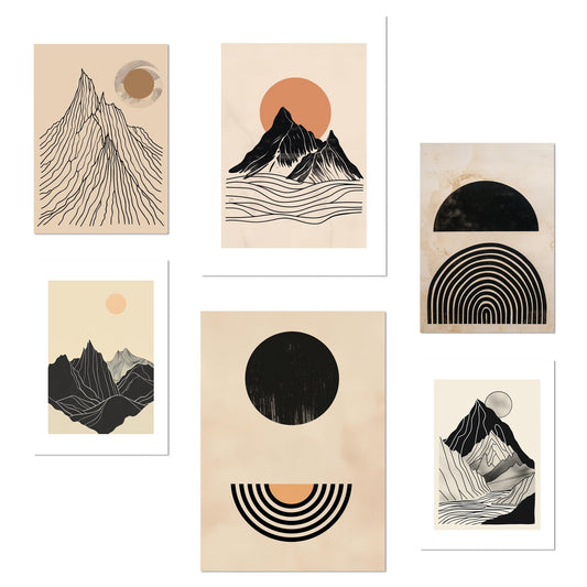 Set of 6 Geometric Mountain Posters A3 & A4 Frameless – Vintage Earth Tones