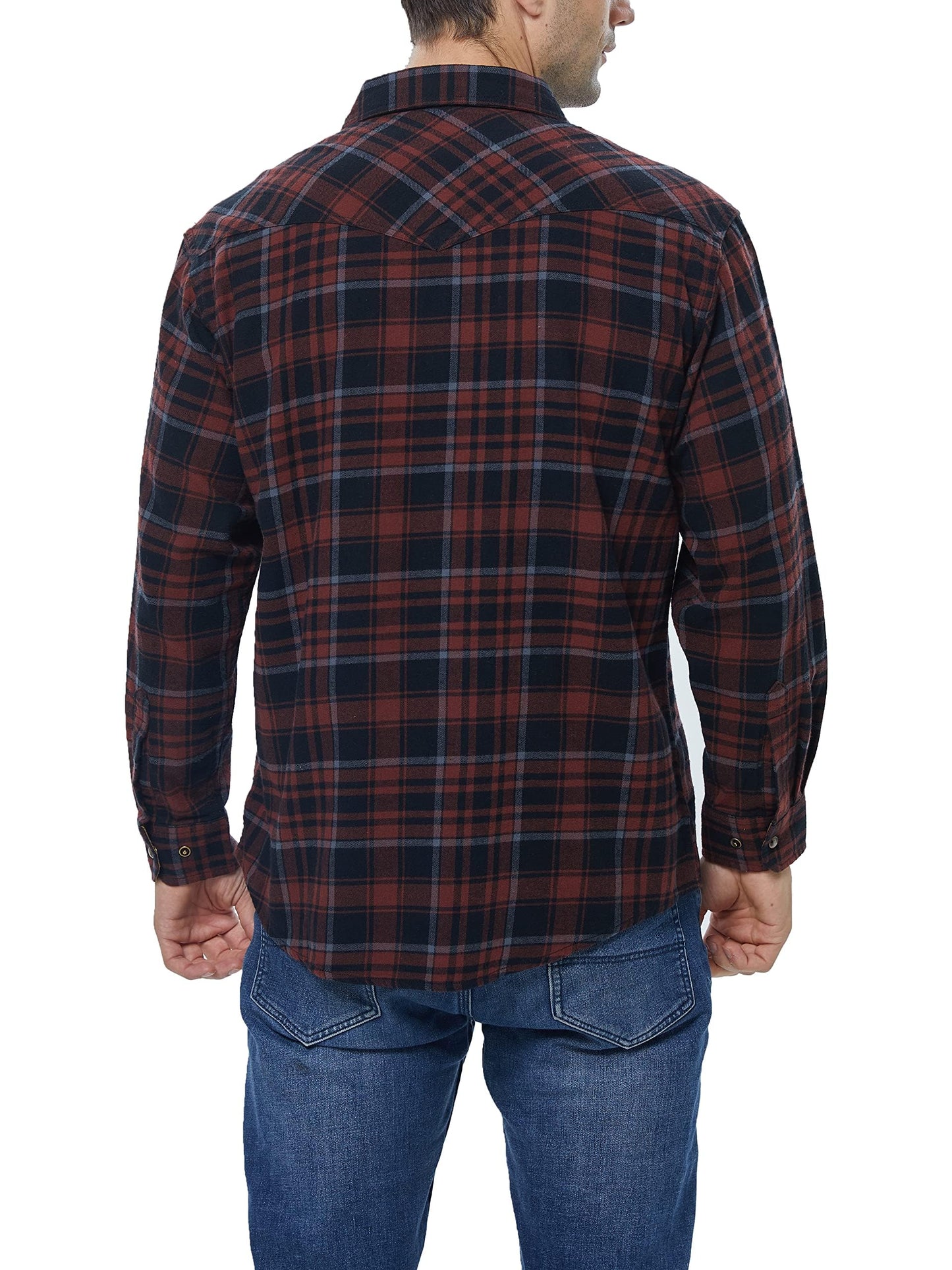 Men's Long-Sleeved Flannel Check Shirt Snap Buttons Pocket Regular Fit – Russet/Brown/Black 2XL