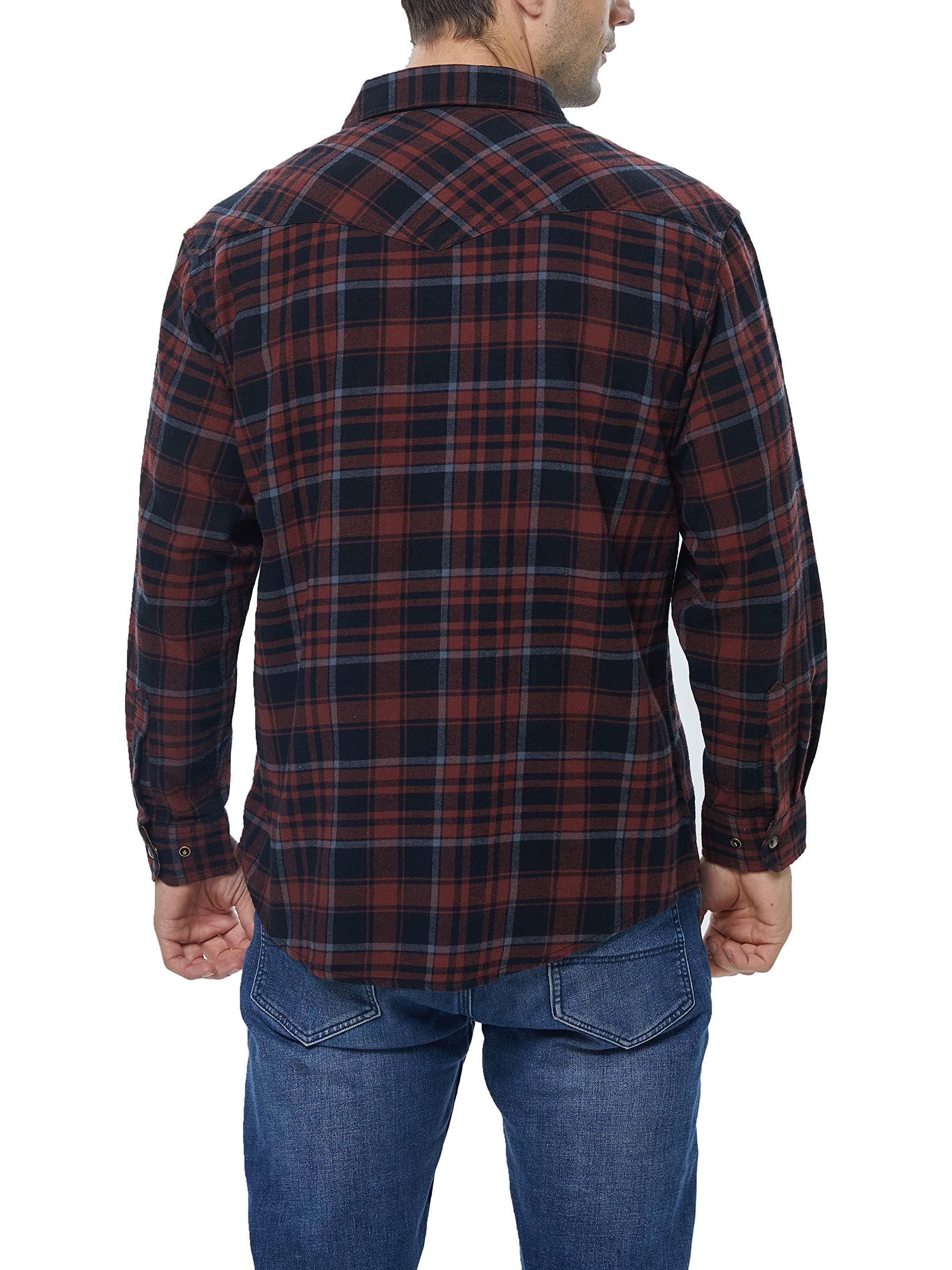 Men's Long-Sleeved Flannel Check Shirt Snap Buttons Pocket Regular Fit – Russet/Brown/Black 2XL