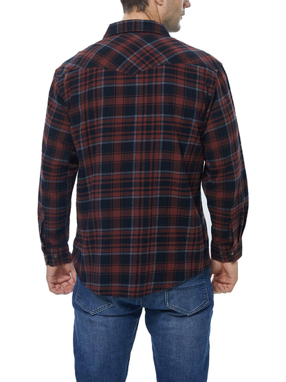 Men's Long-Sleeved Flannel Check Shirt Snap Buttons Pocket Regular Fit – Russet/Brown/Black 2XL