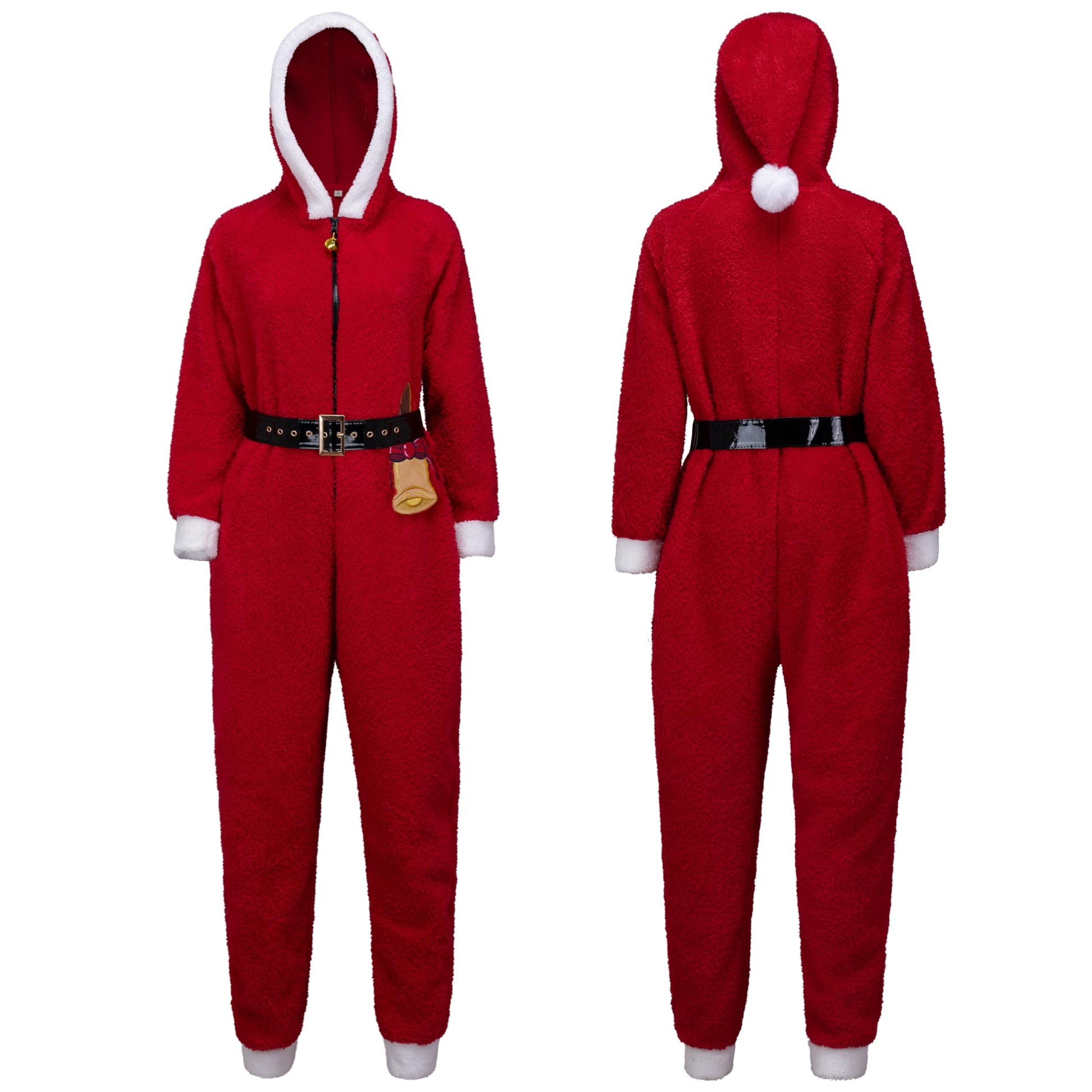 Women's Santa Hooded One-Piece Fleece Pyjama Front Zip Christmas Costume - Red XL