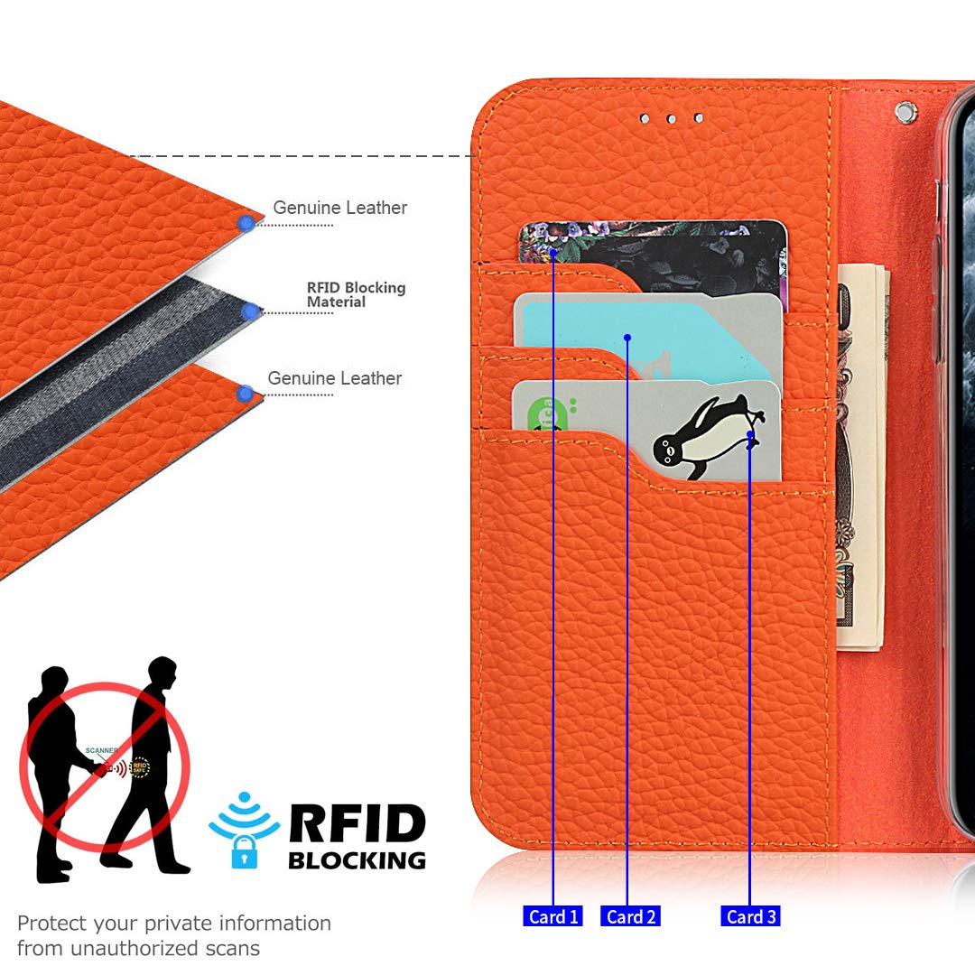 iPhone 16 Pro Leather Wallet Case Flip 3 Card RFID Blocker Magnetic Strap – Orange