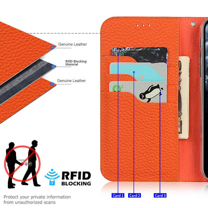 iPhone 16 Pro Leather Wallet Case Flip 3 Card RFID Blocker Magnetic Strap – Orange