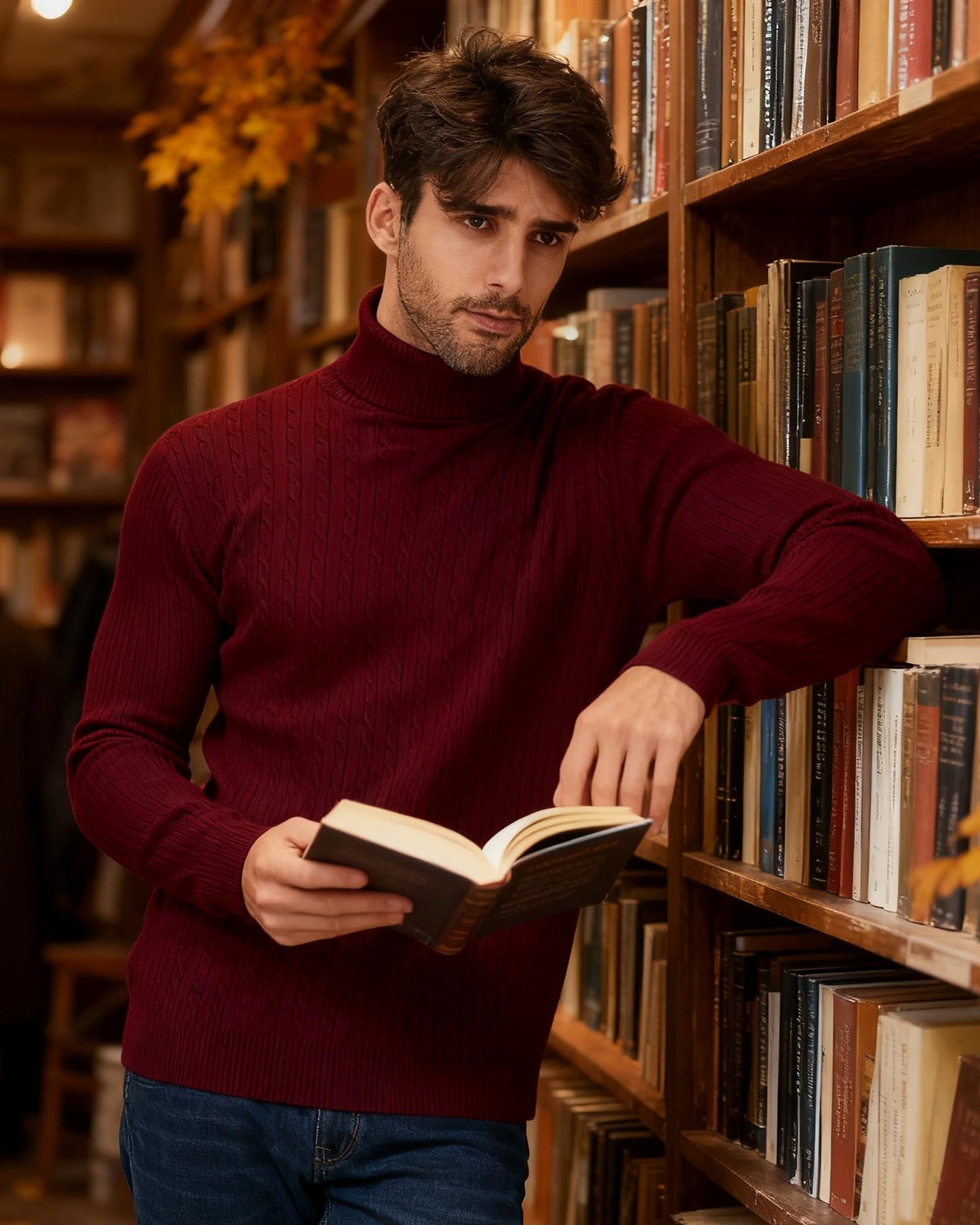 Men's Roll-Neck Sweater Slim Fit Fine Knit – Burgundy L