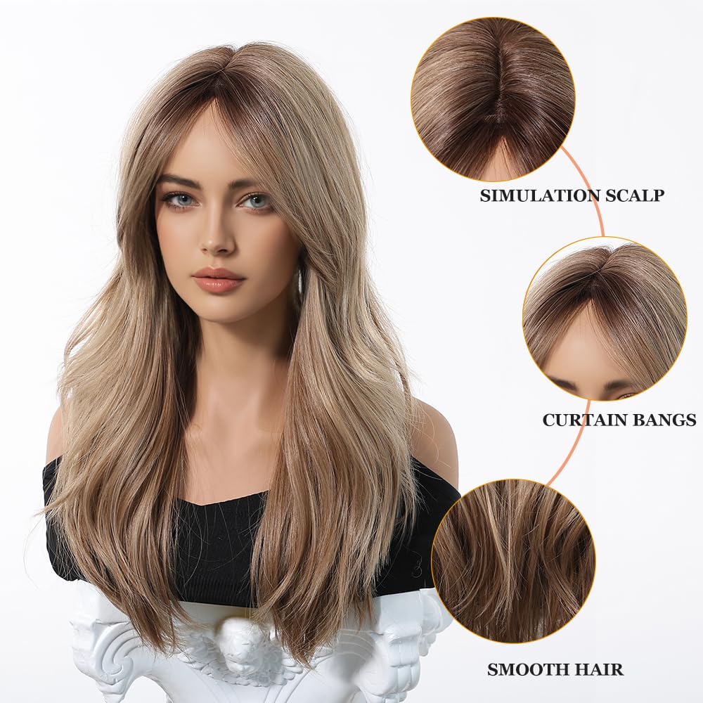 Straight Ombre Blonde Wig with Curtain Bangs Synthetic Hair – Daily Use Party
