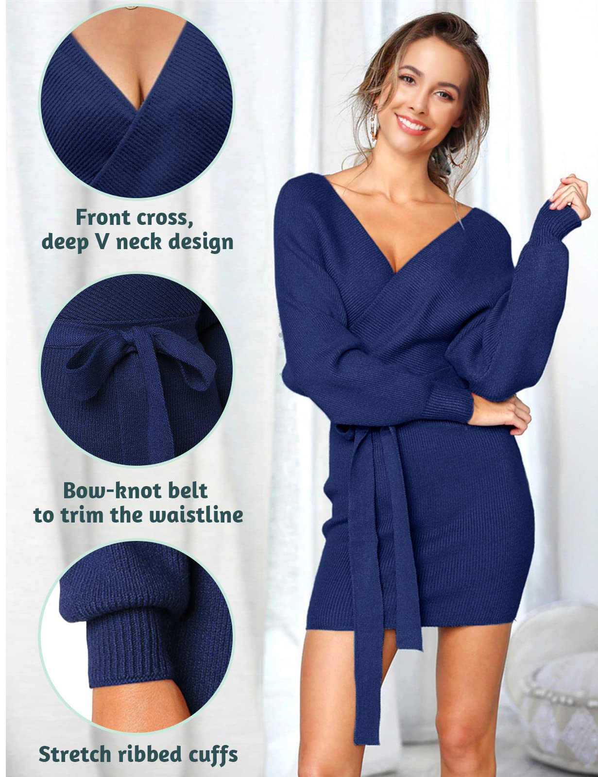Vancavoo knitted dress women's sweater dress V-neck elegant long-sleeved sweater winter dress knitted sweater dress bodycon