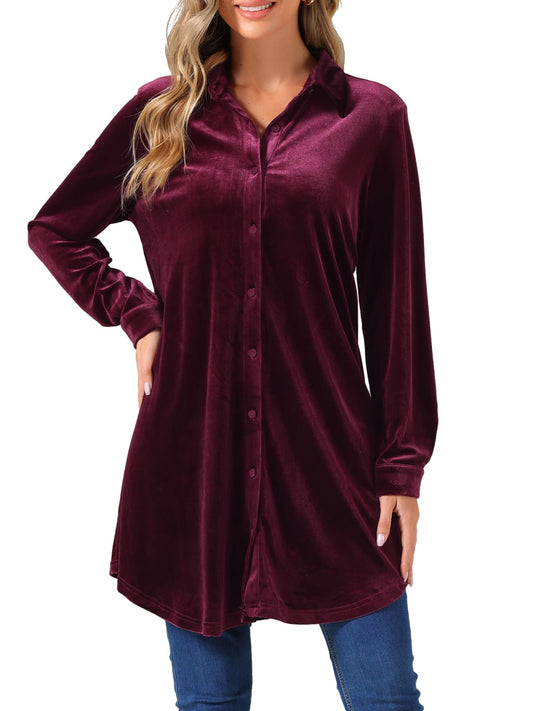 Women's Velvet Christmas Button-Front Tunic Long Sleeve – Red S