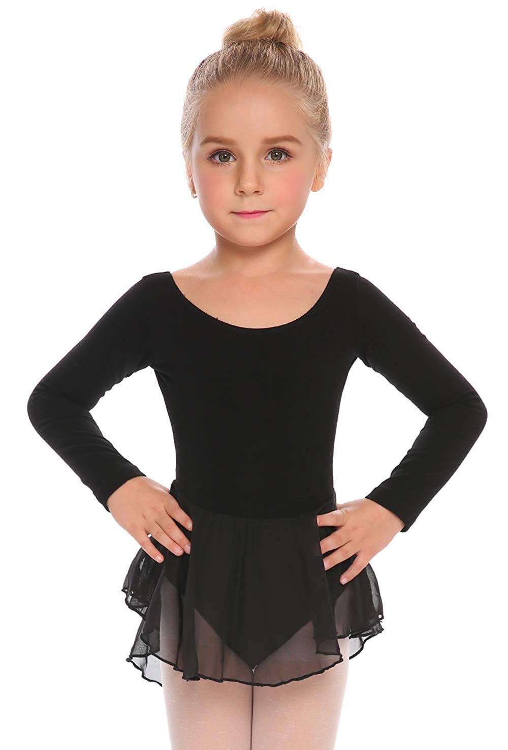 Girls' Backless Ballet Leotard Long Sleeve Cotton with Tutu Skirt Dance Bodysuit – Black 120
