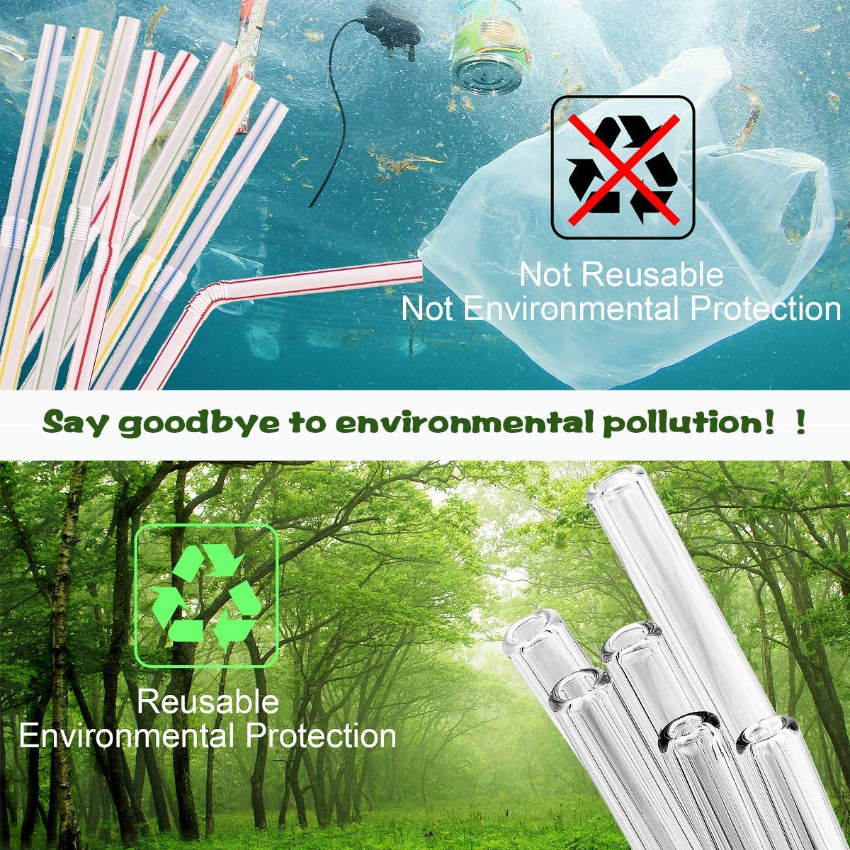 Glass Drinking Straws Reusable 6pc (3x15cm/3x21.5cm) + 2 Brushes – Clear