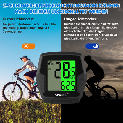 SPGOOD Wireless Bike Computer, 21 Functions, IP54 Waterproof with Backlit Display, Automatic Start/Stop & Automatic Memory,