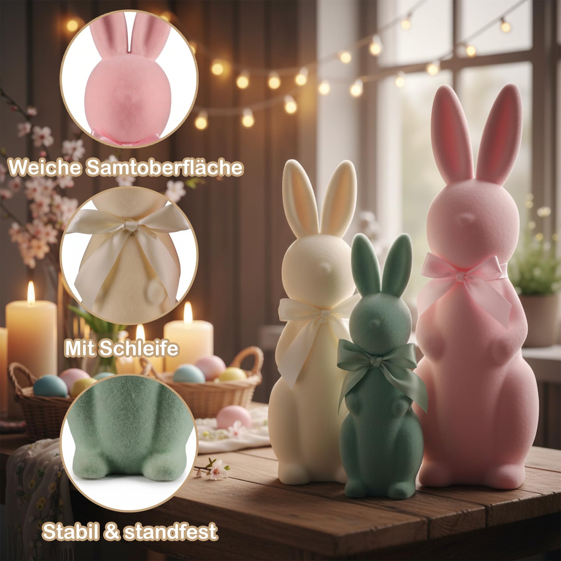 Fluffy Easter Bunny Figurines 3-Piece Set with Eggs Spring Decoration - Pink/Yellow/Orange