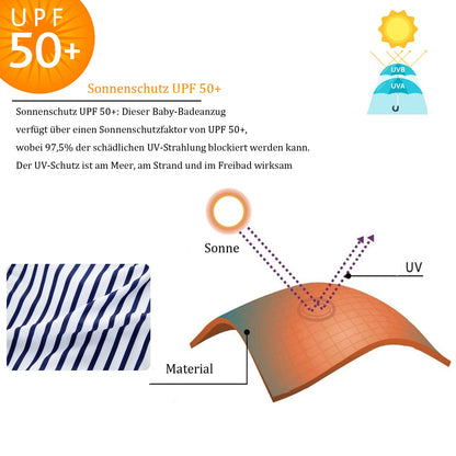 Baby Striped Swimsuit UV50+ One-Piece with Sun Hat – Blue Stripes 12-18 months