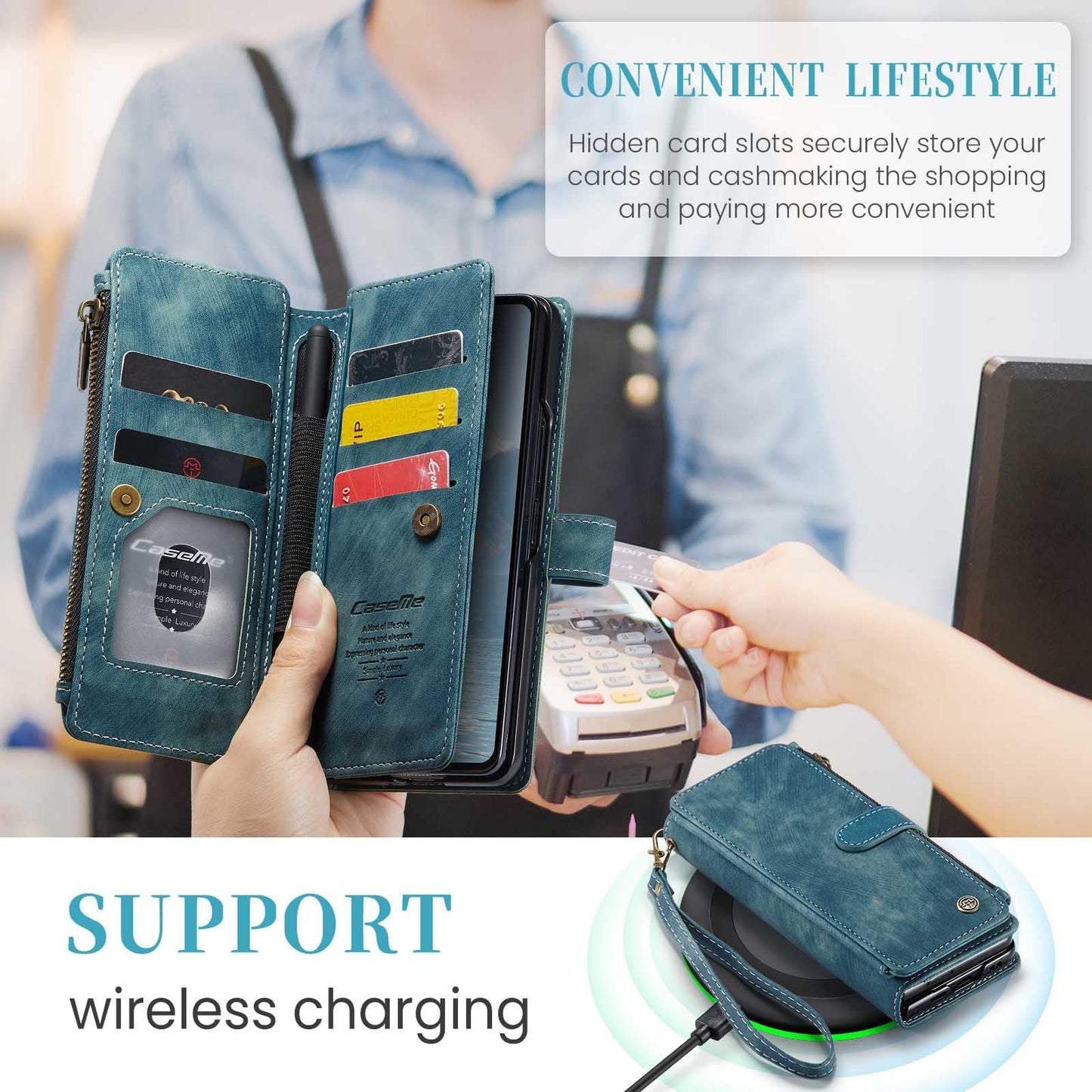 UEEBAI Phone Case for Samsung Galaxy Z Fold 6 5G, Retro Zipper Case Premium PU Leather Soft Folding Case Magnetic Closure
