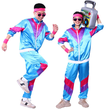 80s/90s Tracksuit Jacket & Pants Retro Costume Sweatbands Sunglasses Fancy Dress – Blue XL