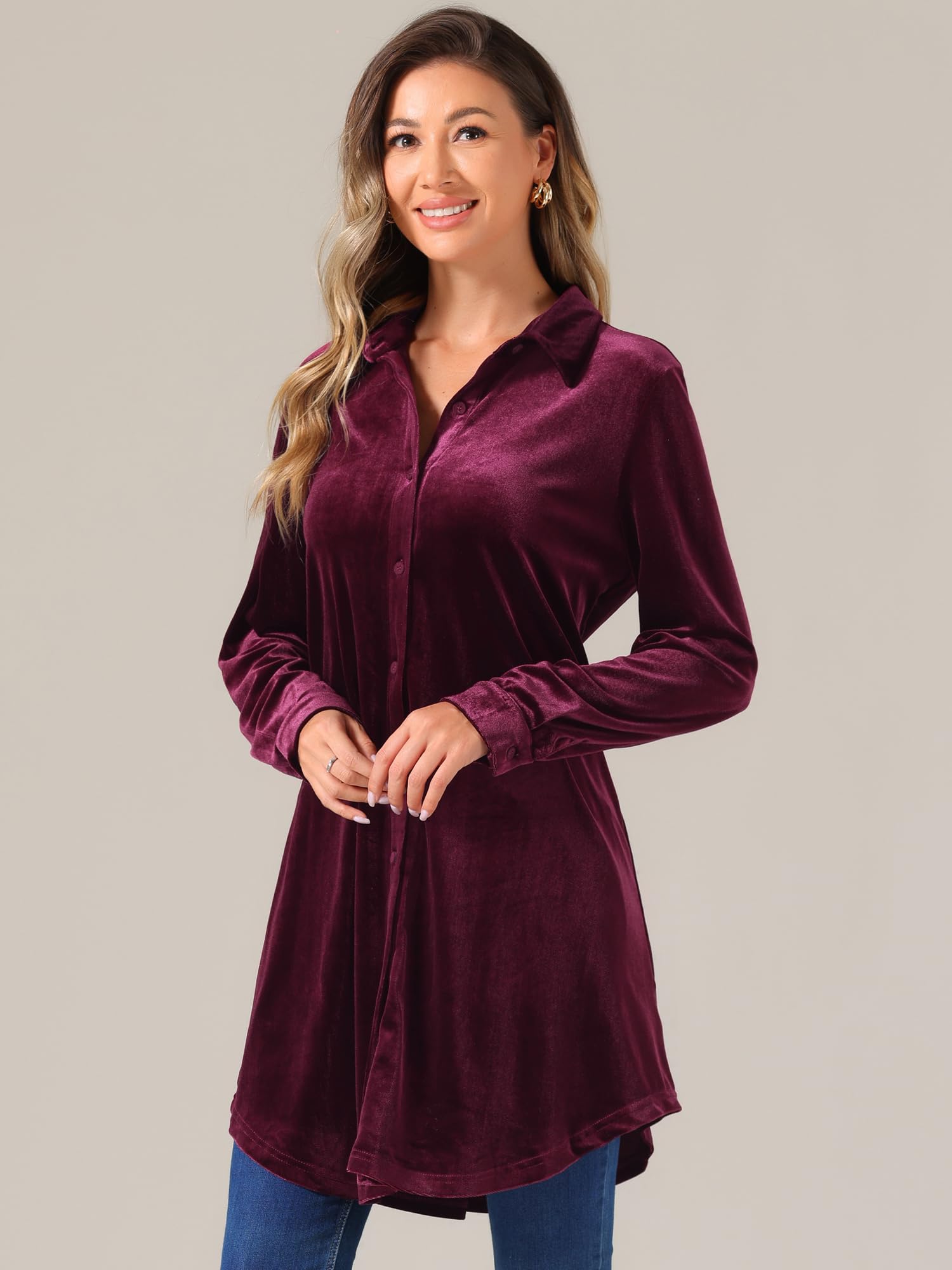 Women's Velvet Christmas Button-Front Tunic Long Sleeve – Red S