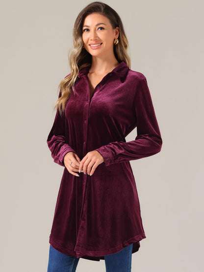 Women's Velvet Christmas Button-Front Tunic Long Sleeve – Red S