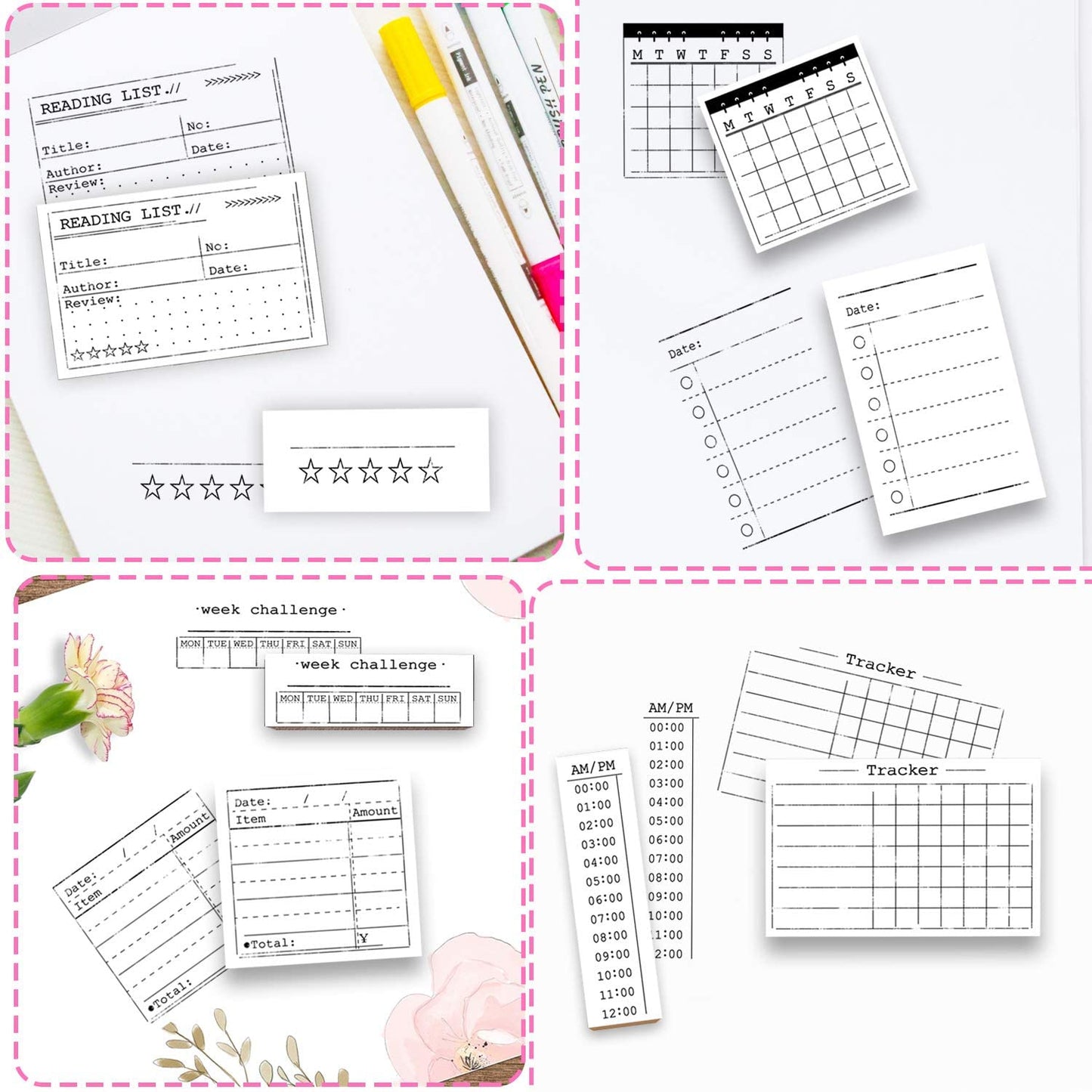 Wooden Rubber Stamp Set 18pcs with Ink Pads Date & Bullet Journal Stamps for Scrapbooking DIY – Assorted 18pcs