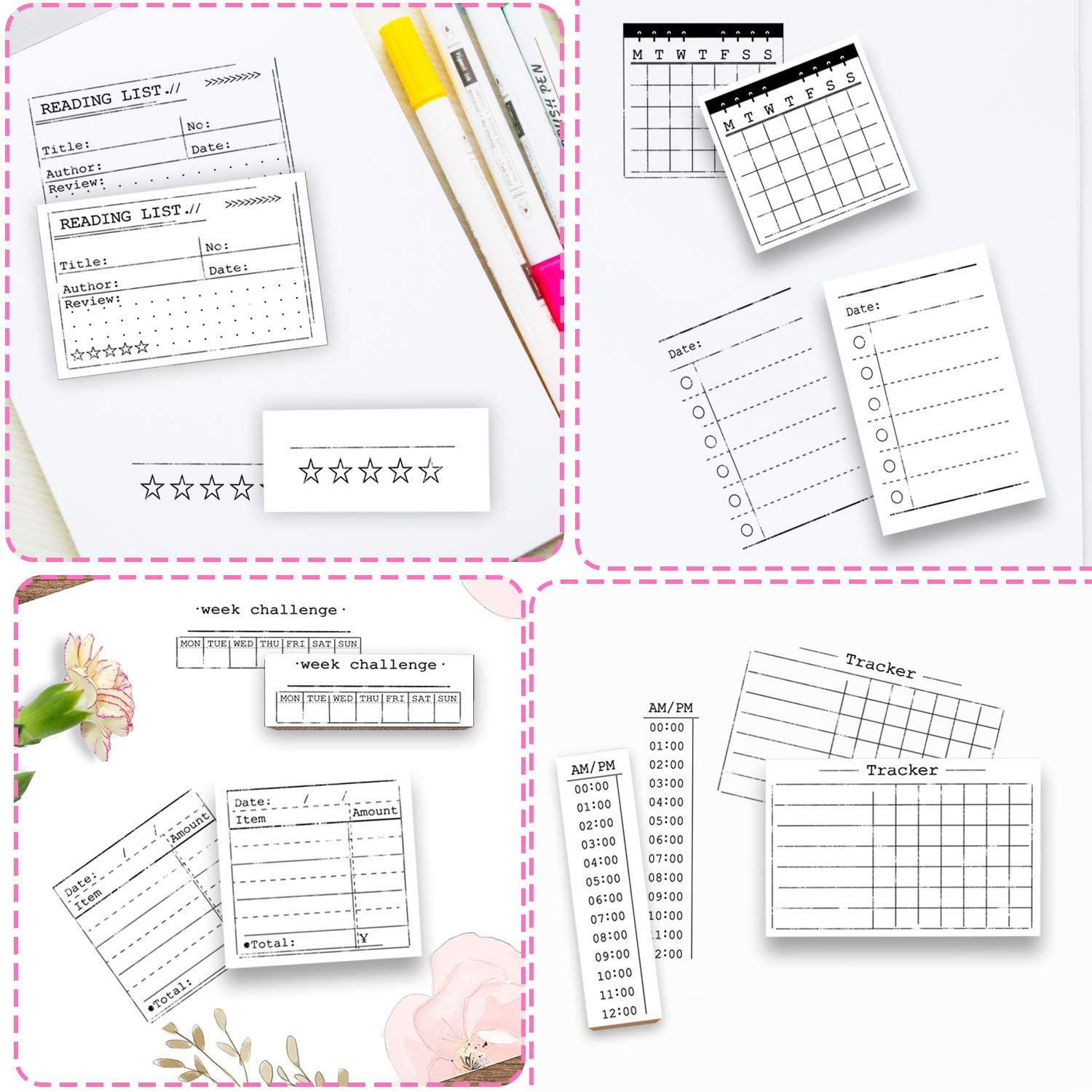 Wooden Rubber Stamp Set 18pcs with Ink Pads Date & Bullet Journal Stamps for Scrapbooking DIY – Assorted 18pcs