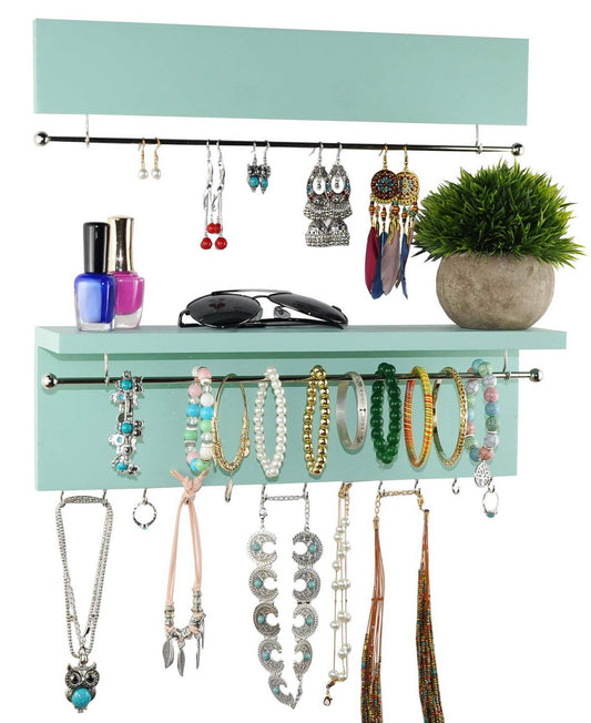 Spiretro Wall Mount Set of 2 Jewelry Holders, Removable Silver Metal Rod for Earrings, Bracelets, Hooks for Hanging
