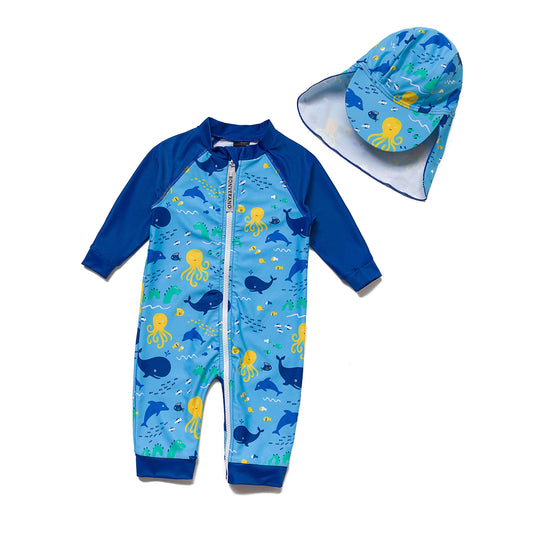 Baby One-Piece Swimsuit UV 50+ Protection Zipper – Ocean Blue 12-18 Months