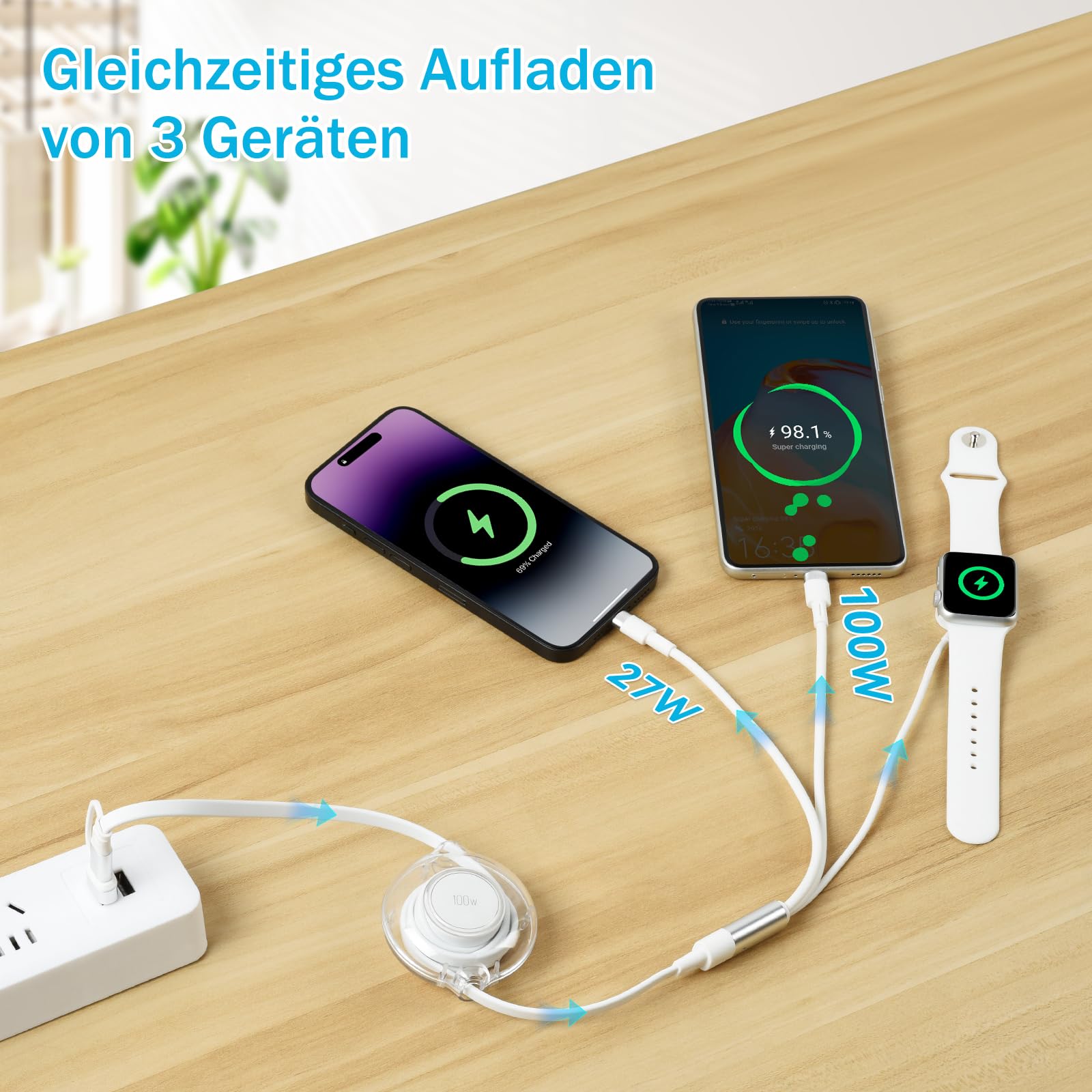 3 in 2 Multi Charging Cable 100W Retractable for Apple Watch and iPhone – Black 1.2m