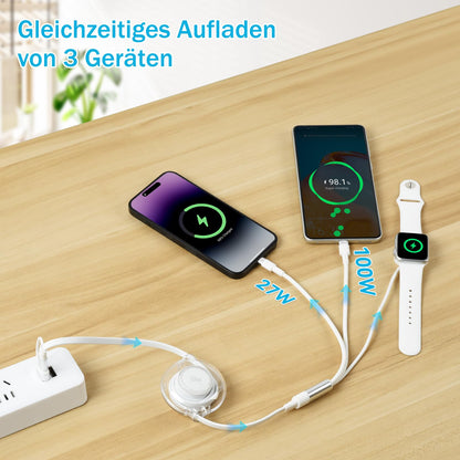 3 in 2 Multi Charging Cable 100W Retractable for Apple Watch and iPhone – Black 1.2m