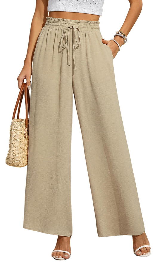 Women’s Wide Leg Palazzo Trousers High Waist Stretch with Pockets – Khaki XXL