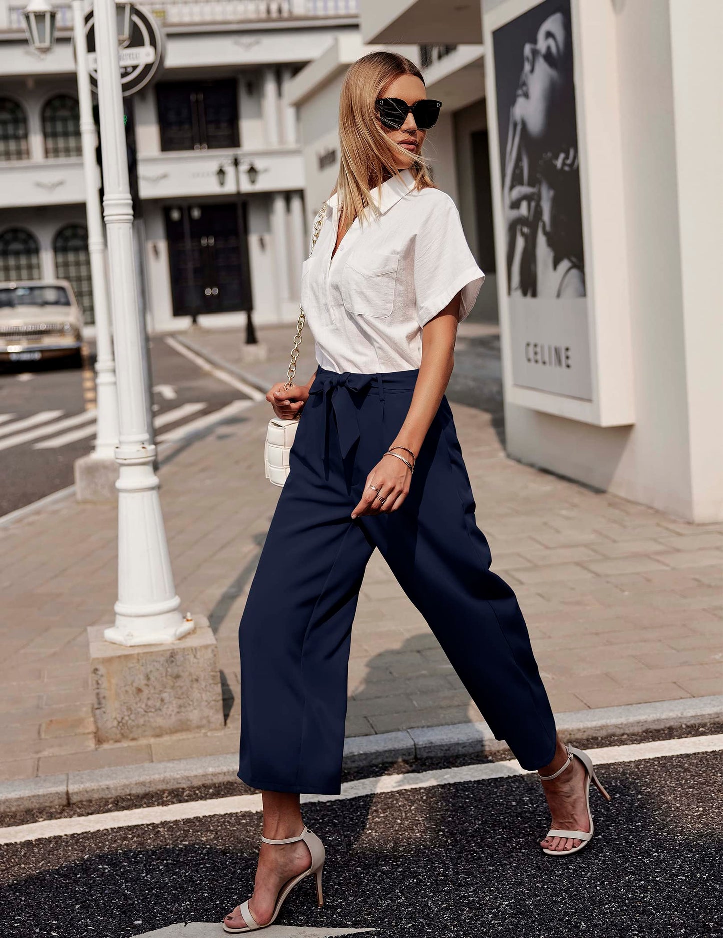 Women's High-Waist 7/8 Wide-Leg Palazzo Trousers Summer Casual – Dark Blue XXL