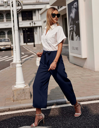 Women's High-Waist 7/8 Wide-Leg Palazzo Trousers Summer Casual – Dark Blue XXL