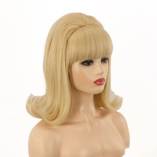 60s Wig | FVCENT Hippie Wig 70s Retro Beehive Style Vintage Look Flicked Beehive Bob Outward Wavy Wig with Bangs (Blonde)